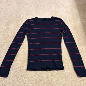 Athleta Navy and Red Striped Crew Neck Sweater